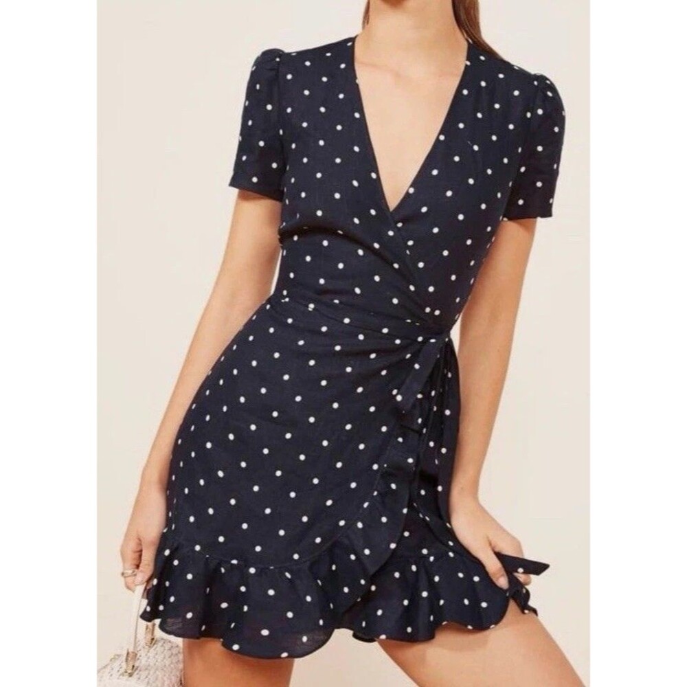 Reformation Linen Wrap Dress Coastal Cottage Summer Preppy Polka Dot Ruffle XS